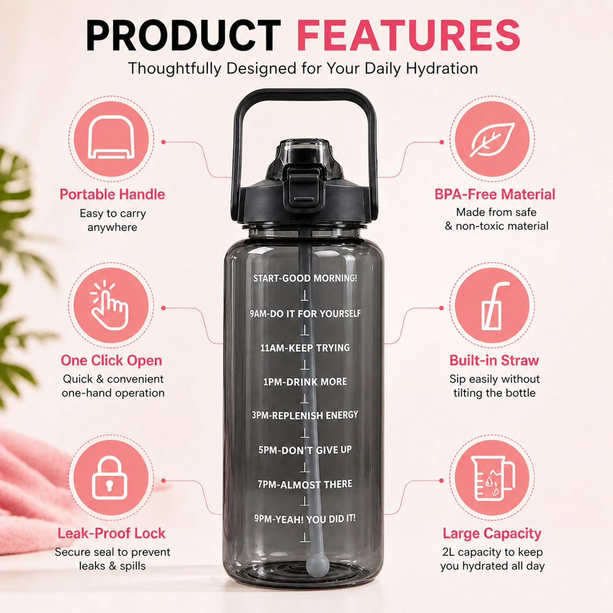 DFit 2 Liter Transparent Motivational leakproof BPA Free marker gym water bottle 2000 ml Plastic Bottle (Pack of 1, Black)