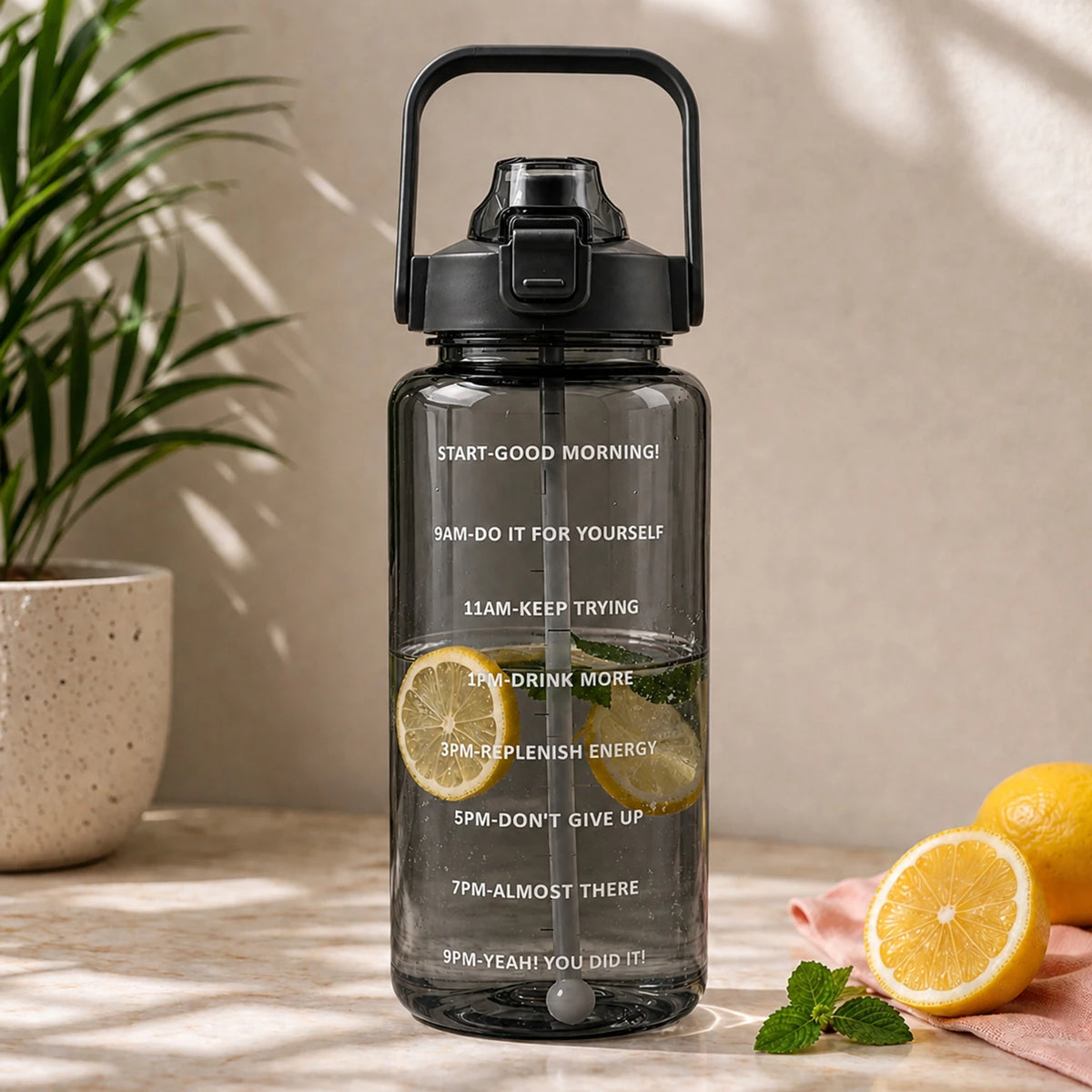 DFit 2 Liter Transparent Motivational leakproof BPA Free marker gym water bottle 2000 ml Plastic Bottle (Pack of 1, Black)