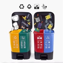 dual-compartment plastic recycling step bins designed for dry and wet waste separation.
