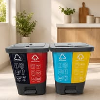 dual-compartment plastic recycling step bins designed for dry and wet waste separation.