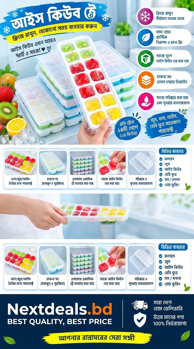 A promotional infographic in Bengali for Nextdeals.bd featuring reusable ice cube trays.