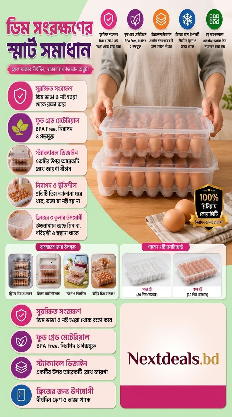 A promotional infographic in Bengali for a Nextdeals.bd branded egg carton pack.
