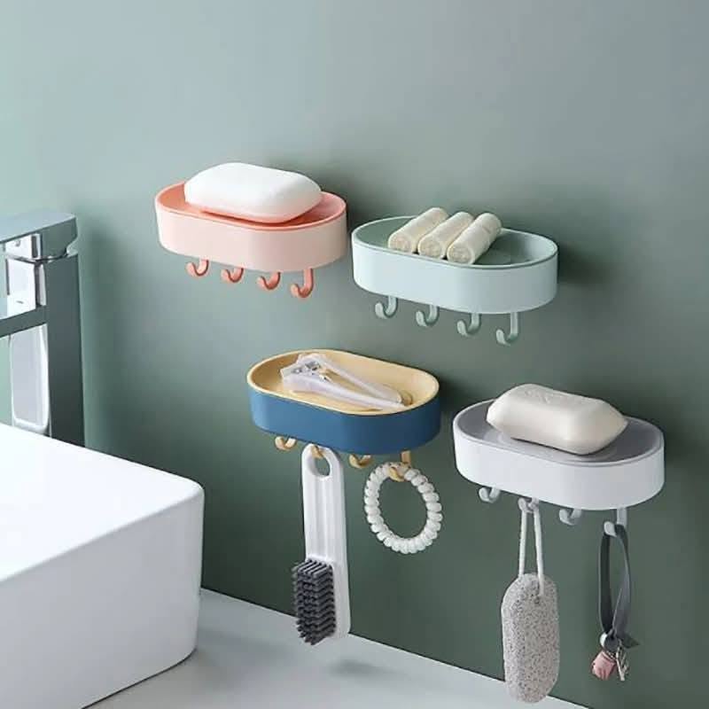Wall-mounted adhesive soap holder with hooks
