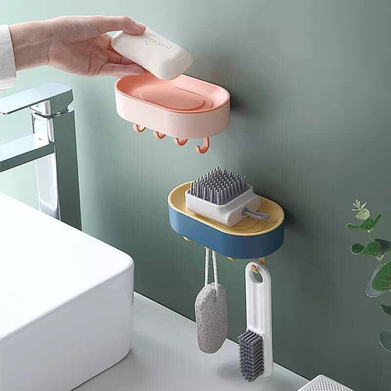 Wall-mounted adhesive soap holder with hooks