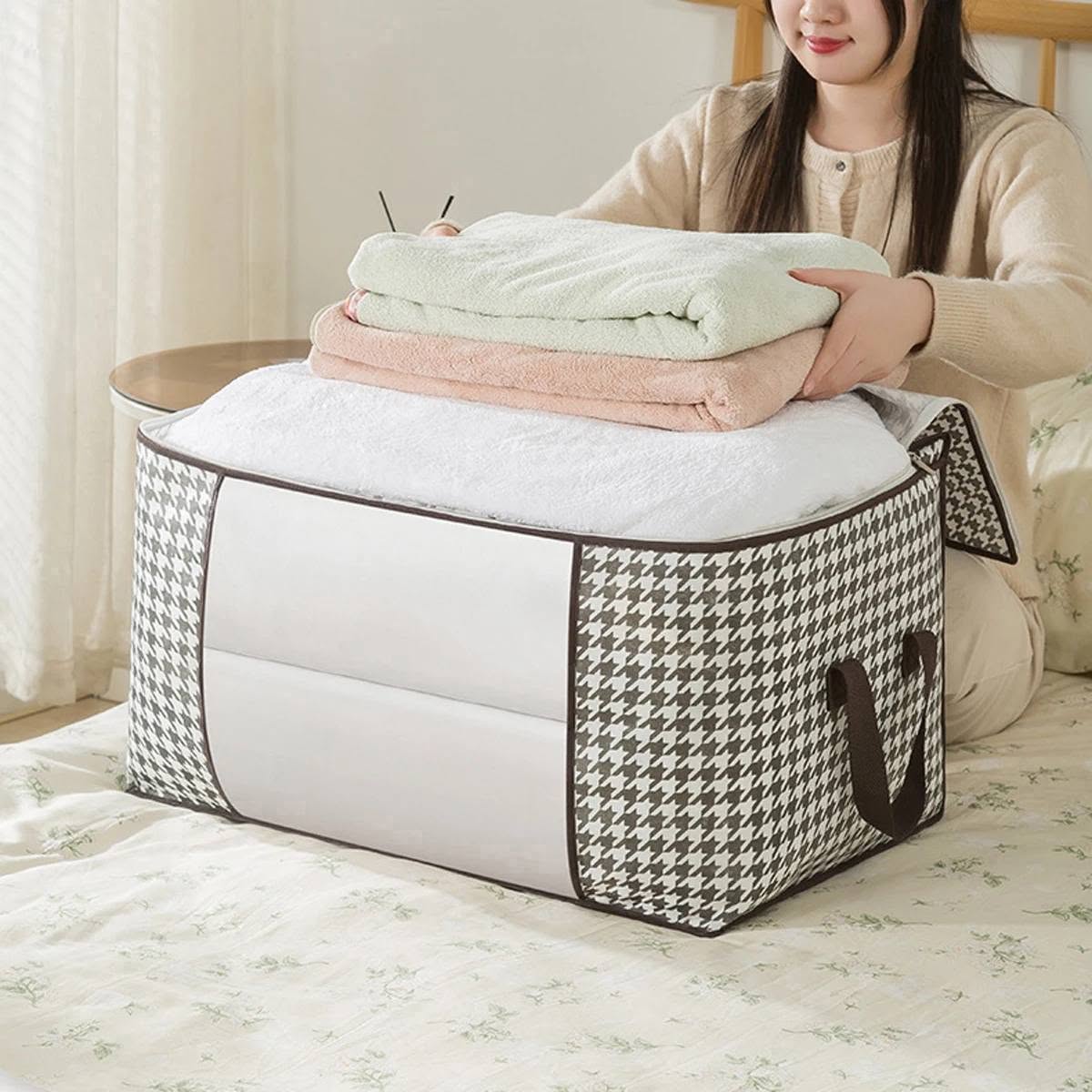 Houndstooth premium foldable quilt and clothes storage bag
