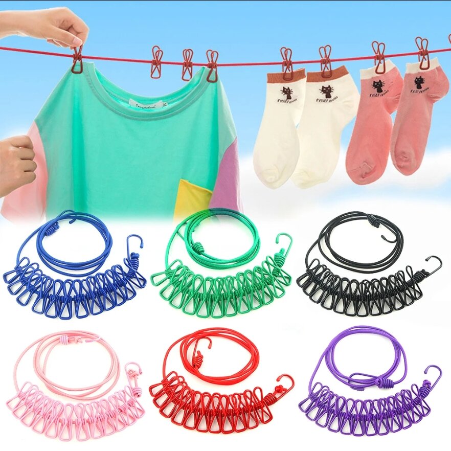 Portable Elastic Travel Clothesline with 12 Clips