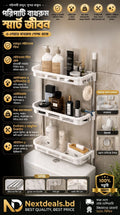 A three-tier white plastic bathroom shelf organizer shown filled with toiletries, set against a beige bathroom wall. The image is heavily edited with extensive promotional text in Bengali, feature icons, and brand logos for Nextdeals.